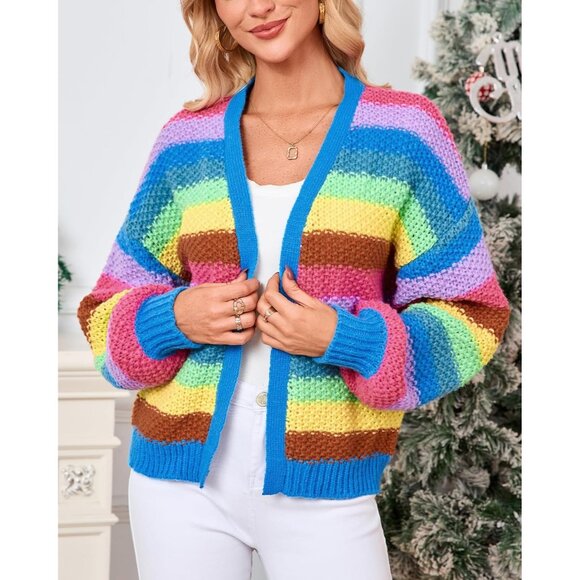 Women's Rainbow Striped Knit Cardigan V Neck Open Front Fall Sweater - Picture 2 of 7